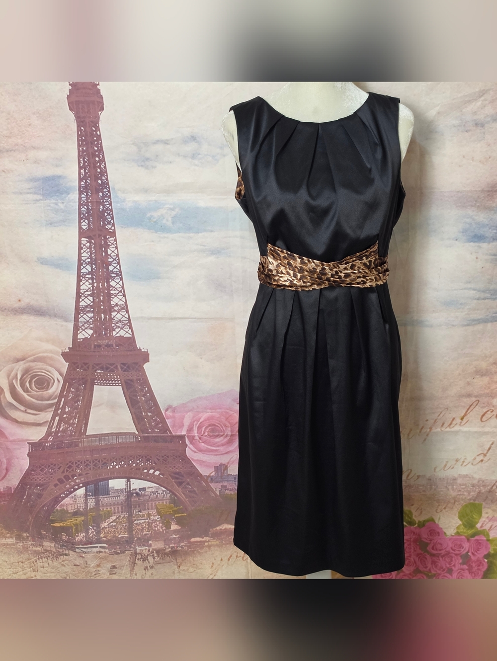 Robbie Bee Black Midi Dress with Leopard-Print Waistband Sz 14P